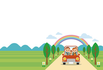 ドライブを楽しむ家族（春・夏・ヨコ）白バック