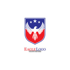 Eagle logo template design with a shield and stars. Vector illustration.