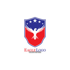 Eagle logo template design with a shield and stars. Vector illustration.