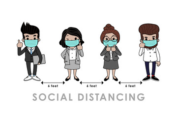 COVID-19 and social distancing infographic with cute cartoon character. Business officer with surgical mask in flat style. Corona virus protection. -Vector