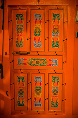 Interior, Mongolian Yurt inside. Decorative details close up. Sedentary lifestyle, cattle breeding