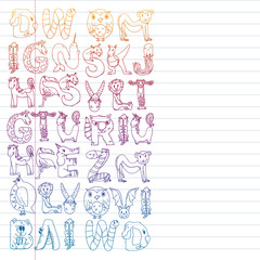 Animal alphabet. Zoo alphabet. Letters from A to Z. Cartoon cute animals. Elephant, dog, flamingo, giraffe, horse, alligator, bear, cat.