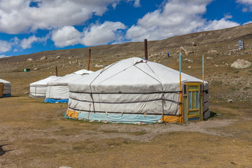 Little village of nomadic Yurt camp in the Mongolian Steppe at Terelj National Park