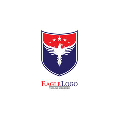 Eagle logo template design with a shield and stars. Vector illustration.