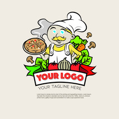 Pizza restaurant logo with italian chef cartoon character vector illustration.