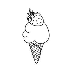 Linear illustration of ice cream with strawberry on top. Ice cream in a waffle.