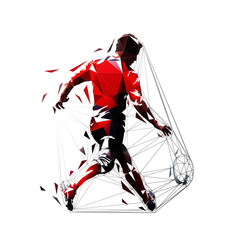 Fototapeta na wymiar Rugby player kicking ball, rear view. Low polygonal vector illustration. Geometric drawing