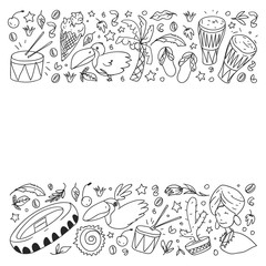 Coloring page with Brazil. Vector doodle pattern with symbols of country. Soccer, statue of Jesus, mask, monkey, soccer.