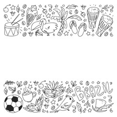 Coloring page with Brazil. Vector doodle pattern with symbols of country. Soccer, statue of Jesus, mask, monkey, soccer.