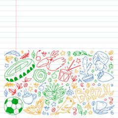 Brazil vector doodle pattern with symbols of country. Soccer, statue of Jesus, mask, monkey, soccer.