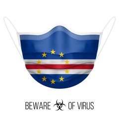 Medical Mask with National Flag of Cape Verde as Icon on White. Protective Mask Virus and Flu. Surgery Concept of Health Care Problems and Fight Novel Coronavirus (2019-nCoV) in Form of flag design