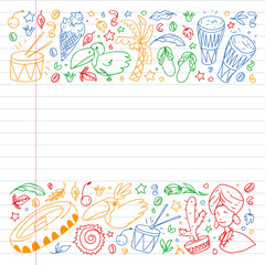 Brazil vector doodle pattern with symbols of country. Soccer, statue of Jesus, mask, monkey, soccer.