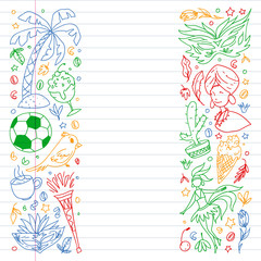 Fototapeta na wymiar Brazil vector doodle pattern with symbols of country. Soccer, statue of Jesus, mask, monkey, soccer.
