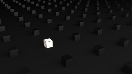 3D rendering. The Glowing white square box is surrounded by many black square box. Striking white square box. Glowing white square box Isolated on Simple black background,illustration,Minimalist Black
