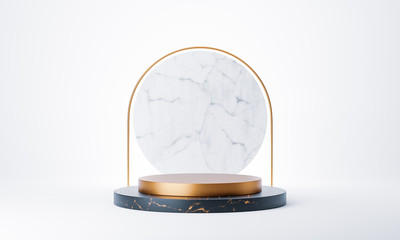 Clean white gold product pedestal, gold frame, memorial board, abstract minimal concept, blank space, clean design, luxury mockup. 3d render 