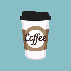 Vector illustration disposable coffee cup icon on blue background. Coffee cup logo
