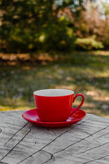 Czerwona filiżanka kawy na tle natury 