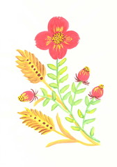 Drawing with watercolors: Red flowers and yellow spike of wheat.