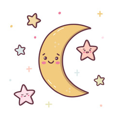 Cute crescent with stars. Kawaii cartoon character isolated on a white background. Vector illustration.