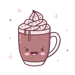 Cute mug of hot chocolate. Kawaii cartoon character isolated on a white background. Vector illustration.