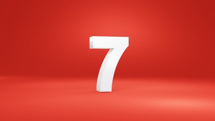 Number 7 in white on red background, isolated number 3d render