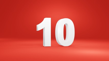Number 10 in white on red background, isolated number 3d render