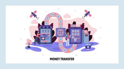 International money transfer technology. Online payment transaction, global money flow. Vector web site design template. Landing page website illustration