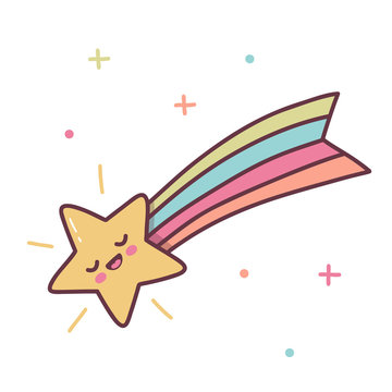 Cute shooting star with a rainbow tail. Kawaii cartoon character isolated on a white background. Vector illustration.