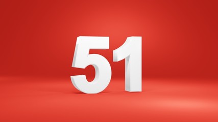 Number 51 in white on red background, isolated number 3d render