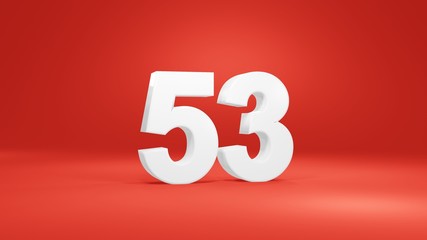 Number 53 in white on red background, isolated number 3d render