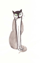 Drawing with watercolors: Gray cat with green eyes.