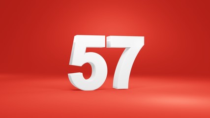Number 57 in white on red background, isolated number 3d render