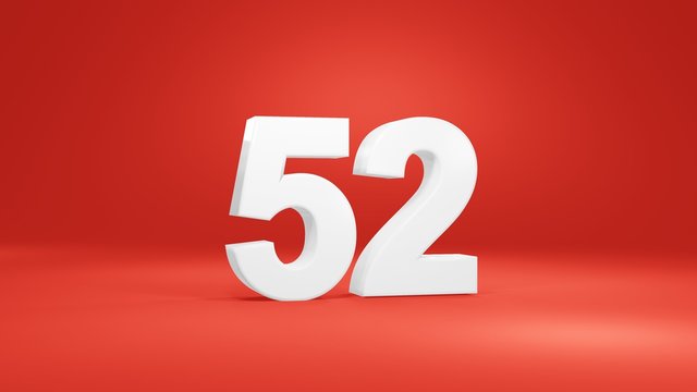 Number 52 in white on red background, isolated number 3d render
