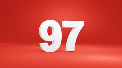 Number 97 in white on red background, isolated number 3d render
