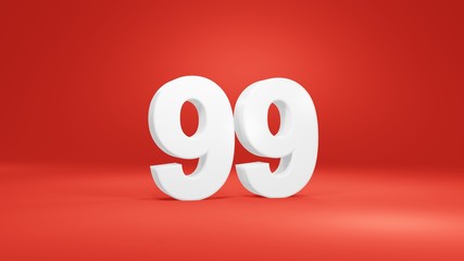 Number 99 in white on red background, isolated number 3d render