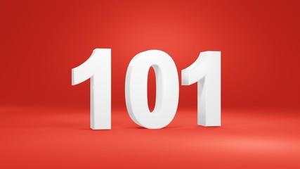 Number 101 in white on red background, isolated number 3d render