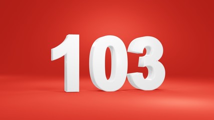 Number 103 in white on red background, isolated number 3d render