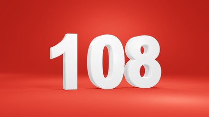 Number 108 in white on red background, isolated number 3d render