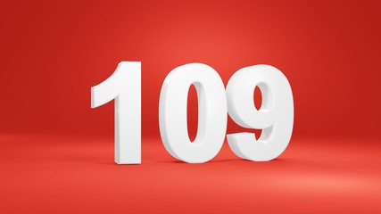 Number 109 in white on red background, isolated number 3d render