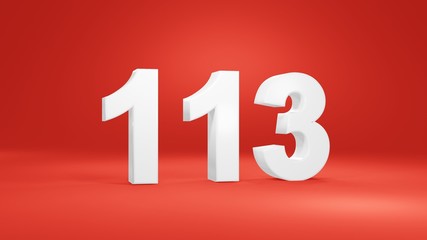 Number 113 in white on red background, isolated number 3d render