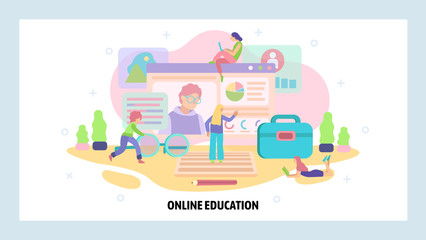 Online children education concept. Teacher on a screen and pupils in class. Home education. Vector web site design template. Landing page website illustration