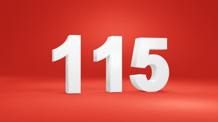 Number 115 in white on red background, isolated number 3d render