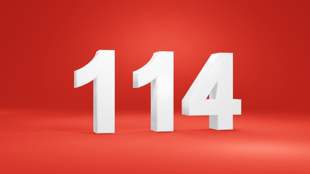 Number 114 in white on red background, isolated number 3d render
