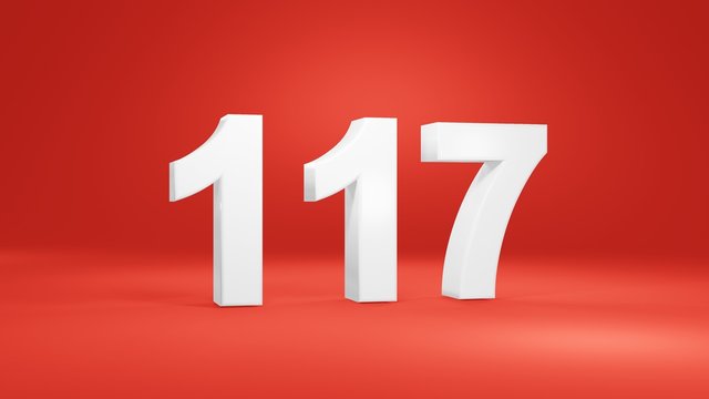 Number 117 in white on red background, isolated number 3d render