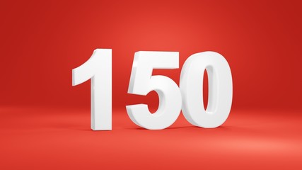 Number 150 in white on red background, isolated number 3d render