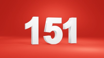 Number 151 in white on red background, isolated number 3d render