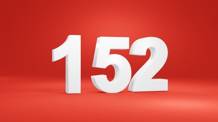 Number 152 in white on red background, isolated number 3d render