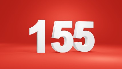 Number 155 in white on red background, isolated number 3d render