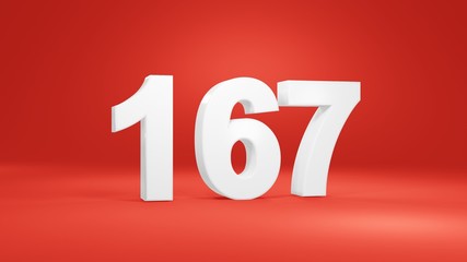 Number 167 in white on red background, isolated number 3d render