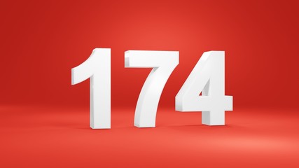 Number 174 in white on red background, isolated number 3d render